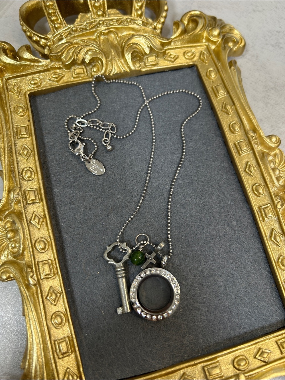 Silver Key & Floating Locket Necklace with Green Accent